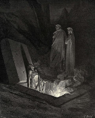 Gustave Dore’s illustration of Uberti’s appearance in Dante’s Inferno. Public domain image via Wikimedia Commons.